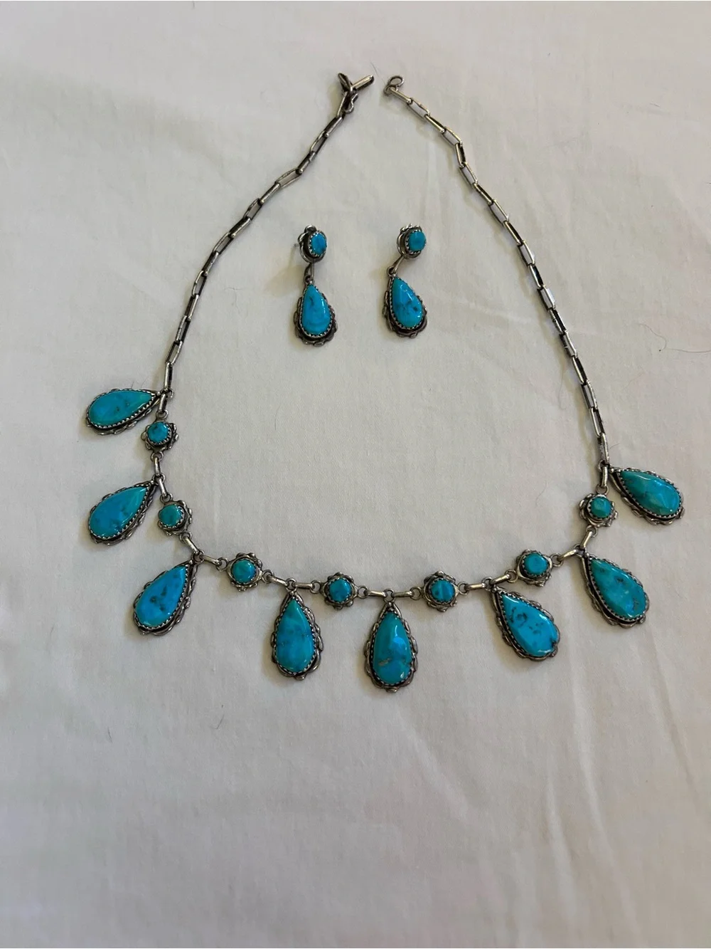 Turquoise Teardrop Necklace and Earring Set - Blue Silver Statement Jewelry
